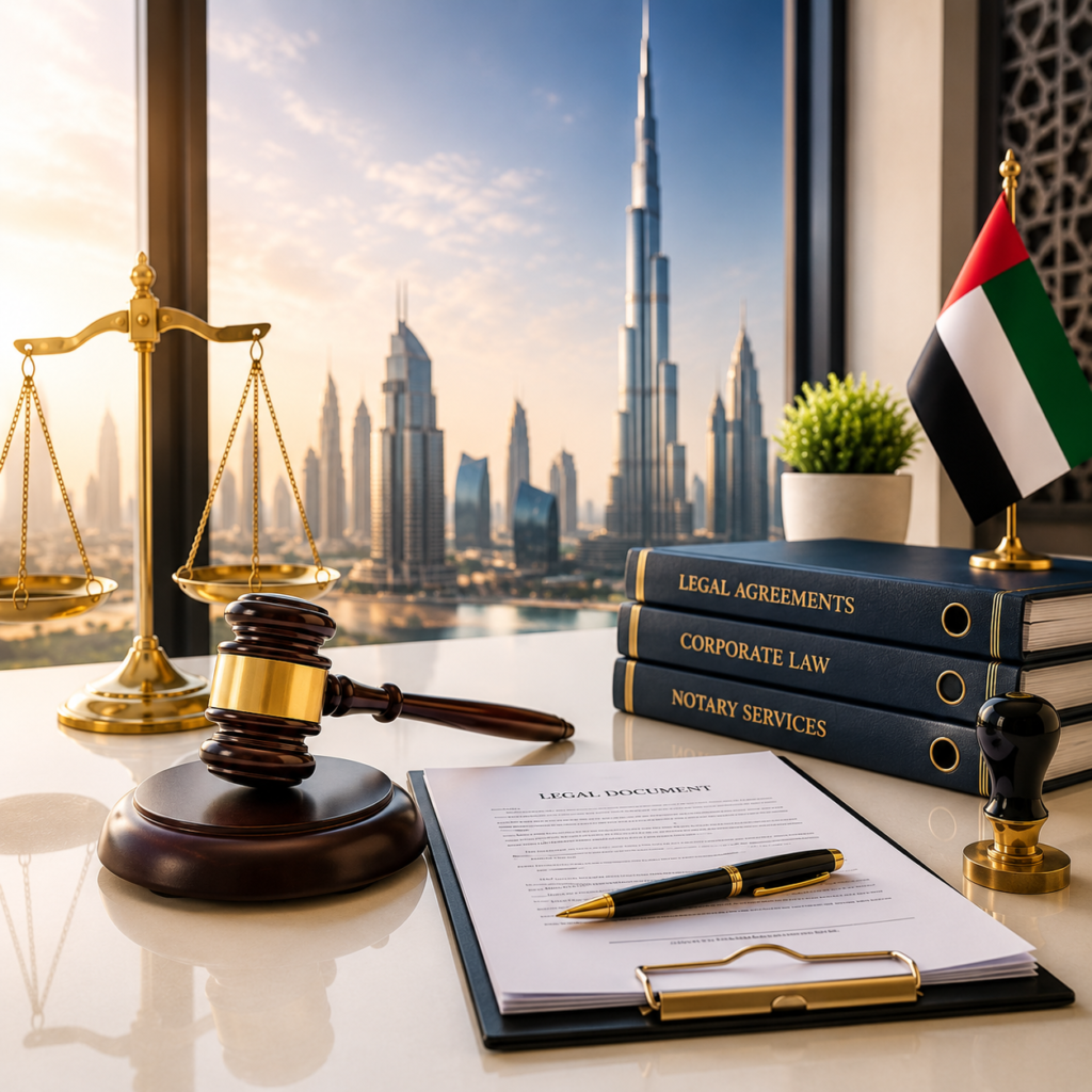 Professional legal documentation and notary services office in Dubai with legal documents, gavel, justice scales and UAE business compliance workspace.