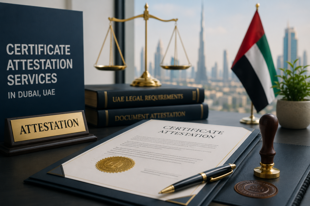 Certificate Attestation Services in Dubai UAE with official documents, legal paperwork and document authentication workspace